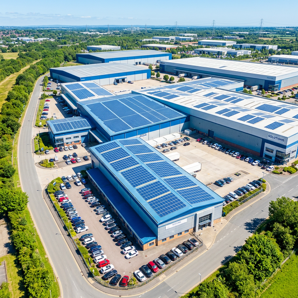 Galpões industriais com painéis solares no telhado