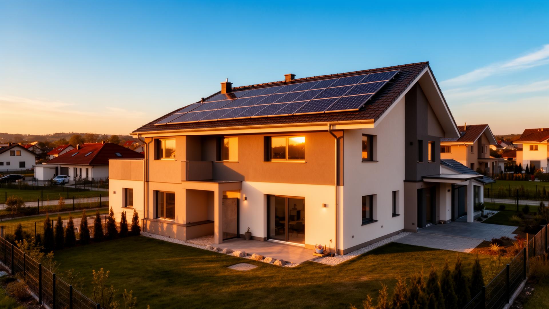 Casa residencial moderna com painéis solares fotovoltaicos no telhado ao entardecer